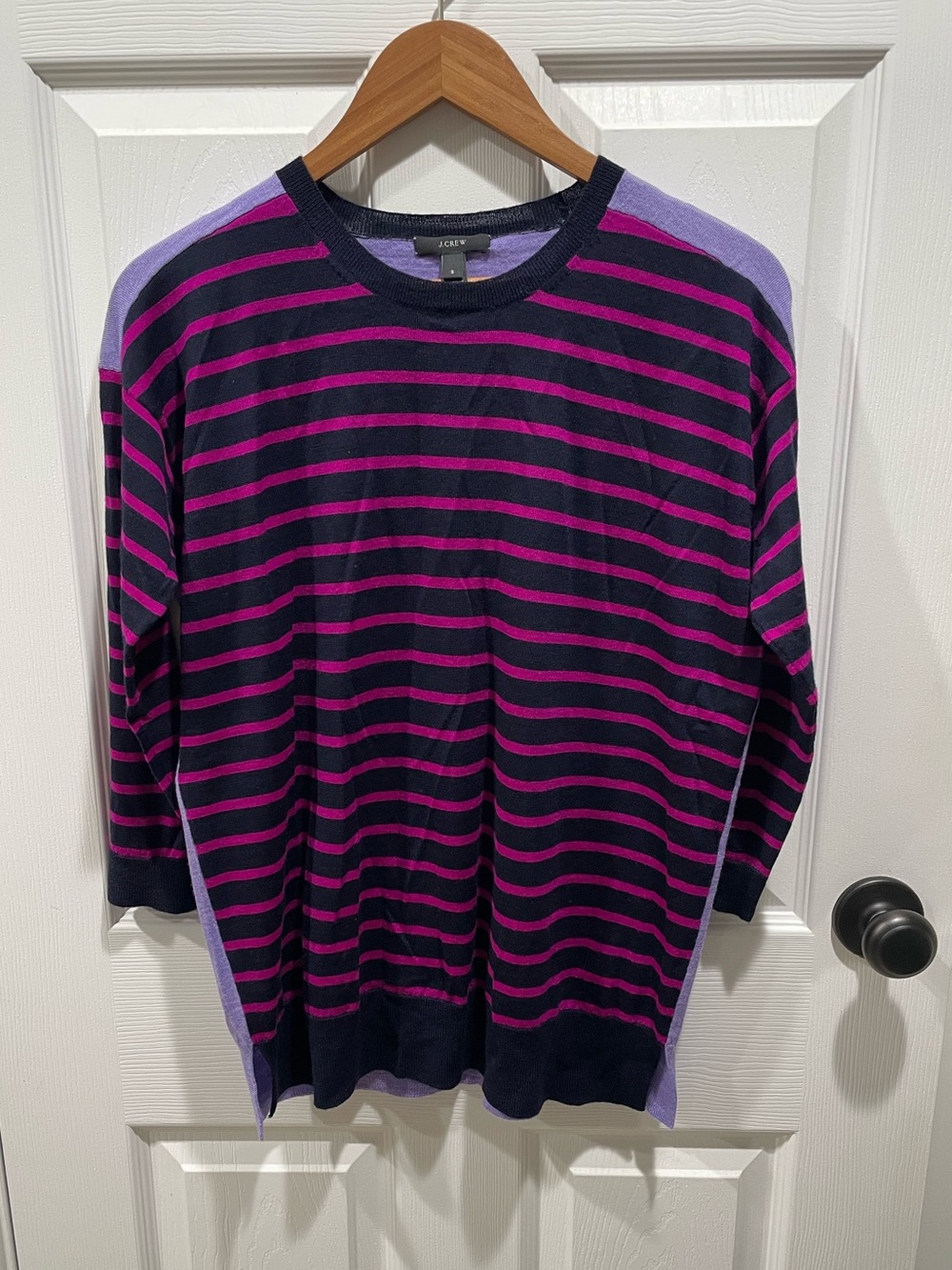 J.Crew Oversized Colorblock Striped Merino Wool Sweater S Lavender Pink Navy